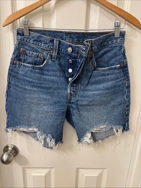 Levi's Medium Blue Distressed Button-Fly Denim Shorts